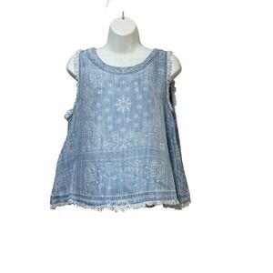 T Tahari Womens Blue Bandana Paisley Tencel Sleeveless Button Back Top Large NWT